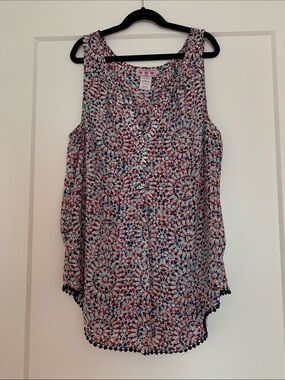 Three Hearts Multicolor V- Neck Floral Pom-Pom Trim Sleeveless Blouse